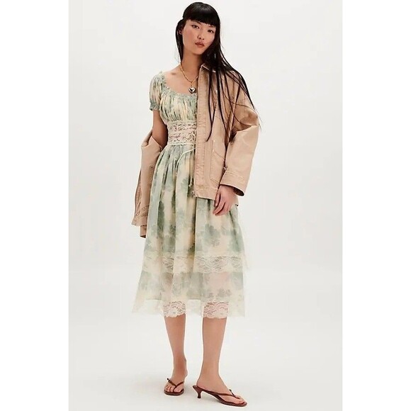 Free People Honeysuckle Printed Midi Dress Floral Lace Ruffle Ribbon S 282877 - Picture 1 of 9
